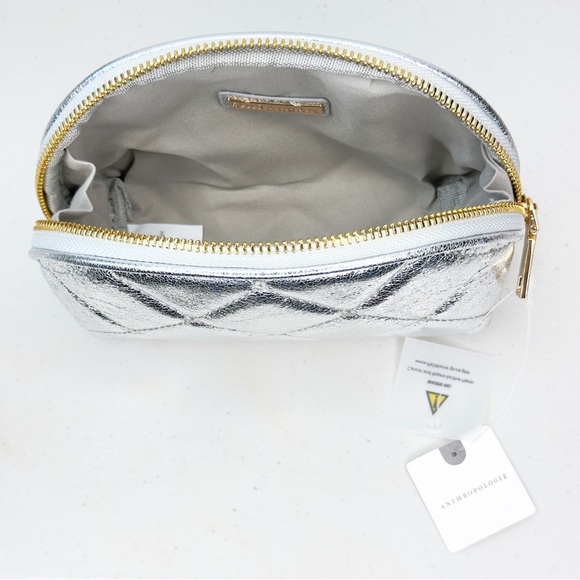 Anthropologie Silver Quilted Cosmetic Bag & Rhodium Necklace Set NWT - Picture 2 of 8